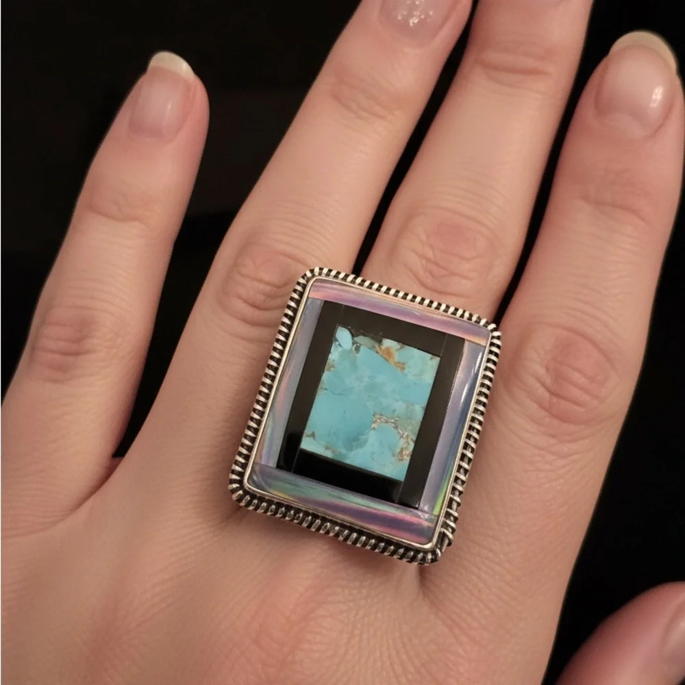 Beautiful‎ Turquoise, opal, black onyx and sterling Silver Ring